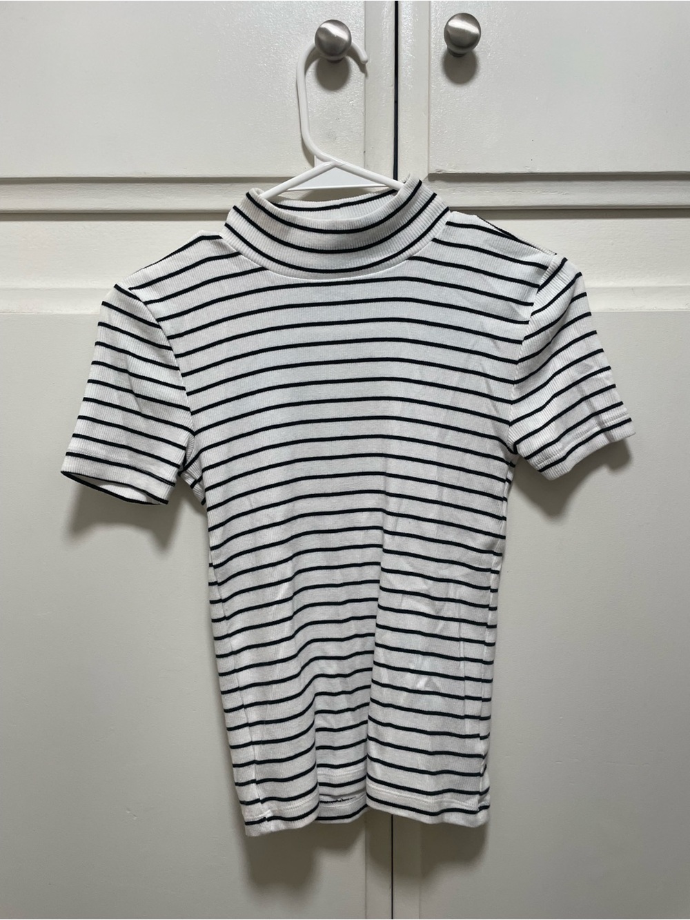 GAP Black & White Striped Modern Mock-Neck Tee